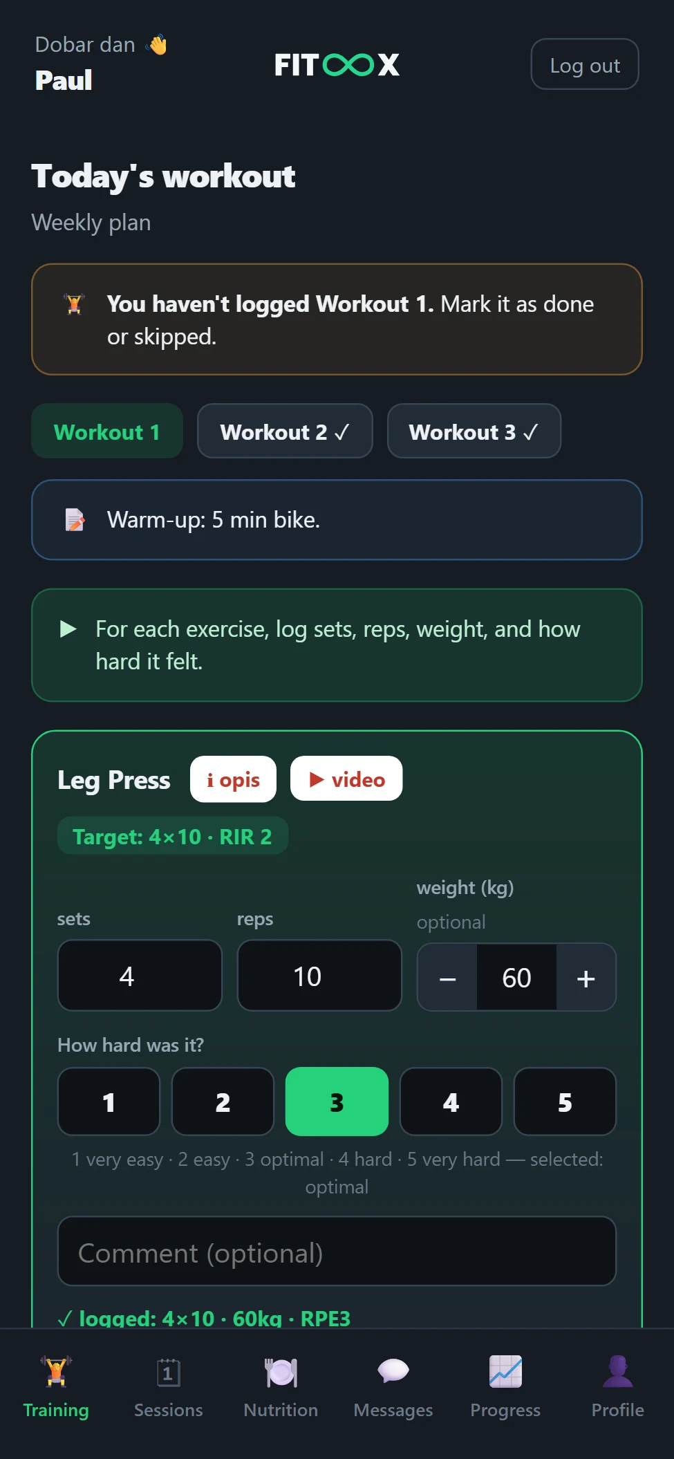 FITOOX — client's Today screen with an assigned workout