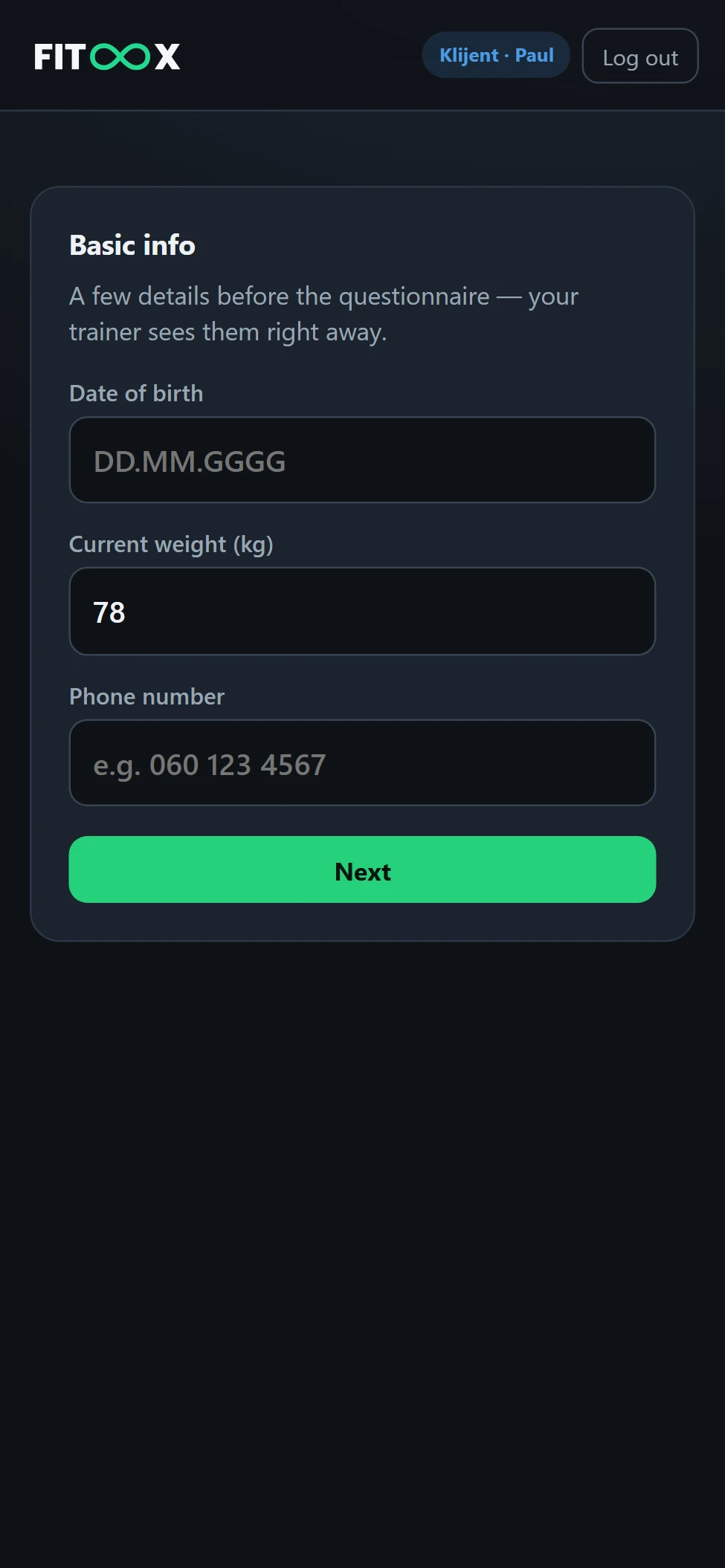 Onboarding questionnaire and client goal