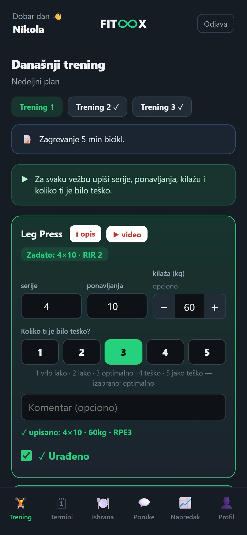 FITOOX — klijentov ekran Danas sa zadatim treningom