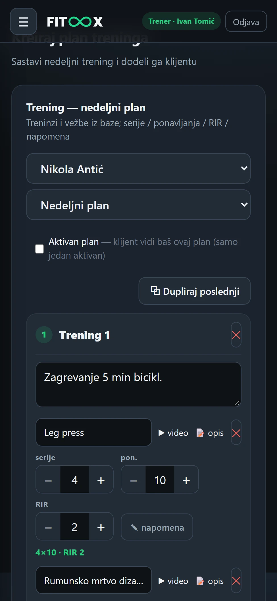 Kreiranje plana treninga