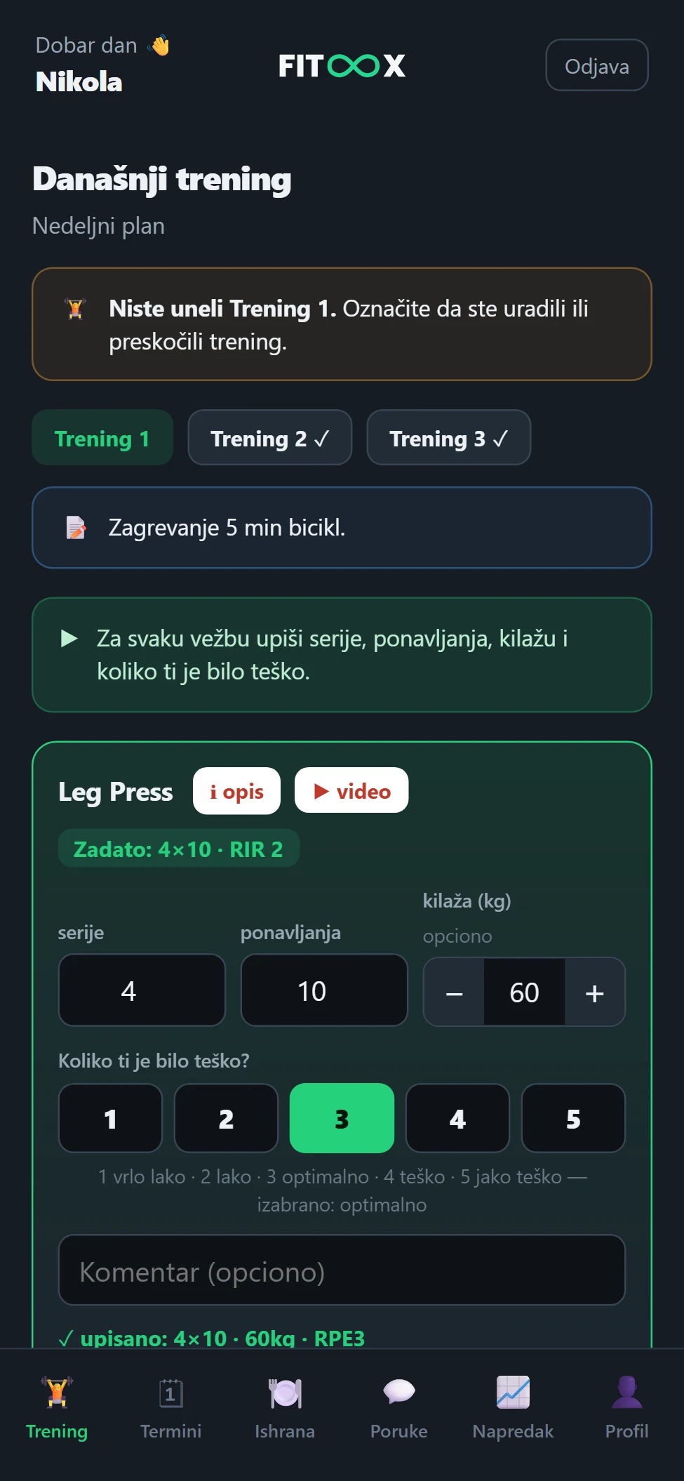 Klijent trenira sa telefona